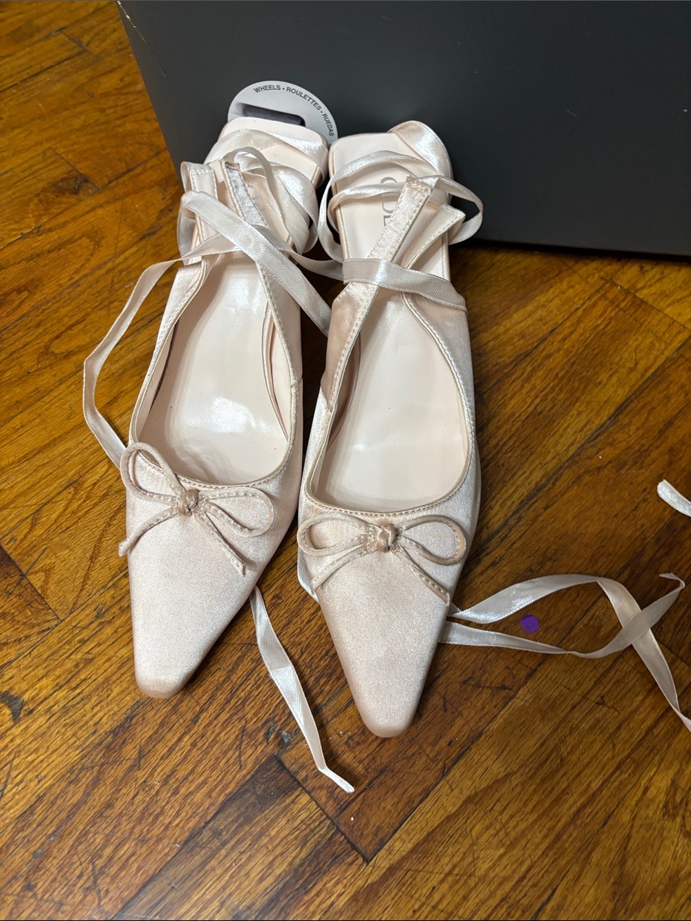 Cider Satin Pointed Ballet Flats with Ankle Ribbons - Light Pink